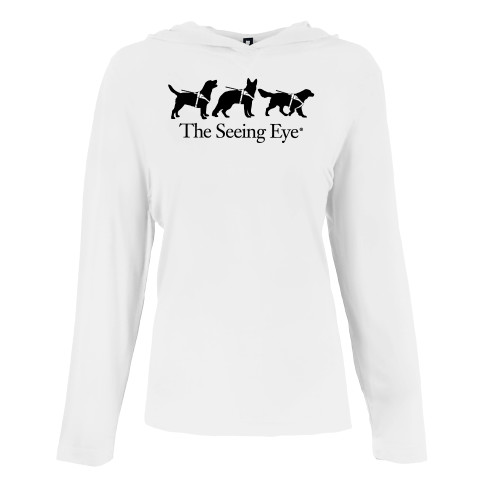  Womens White Long Sleeve Hooded Tee - The Seeing Eye 3 Dogs in Harness Logo