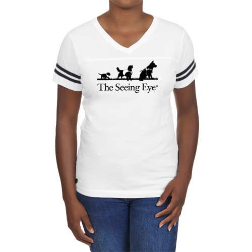  Fall Rush Ladies White 60/40 Football Tee - The Seeing Eye pup2harness logo