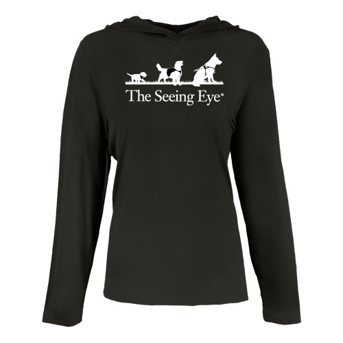  Womens Black Long Sleeve Hooded Tee - The Seeing Eye pup2harness logo