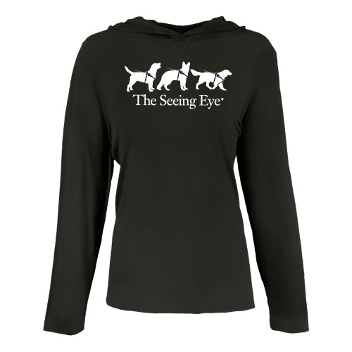  Womens Black Long Sleeve Hooded Tee - The Seeing Eye 3 Dogs in Harness Logo