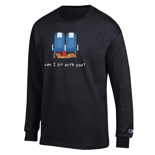  Champion Black Long Sleeve T Shirt - Can I Sit With You Wordmark with Sleeping Dog