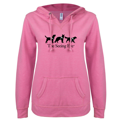 The Seeing Eye ENZA Womens Hot Pink V Notch Raw Edge Fleece Hoodie