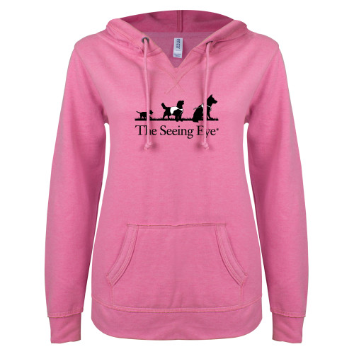 The Seeing Eye ENZA Womens Hot Pink V Notch Raw Edge Fleece Hoodie