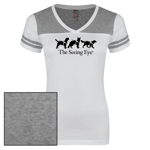 The Seeing Eye Womens White/Heather Grey Varsity V Neck Tee 