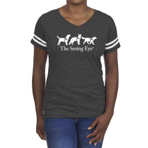  Fall Rush Ladies Dark Grey Heather 60/40 Football Tee - The Seeing Eye 3 Dogs in Harness Logo