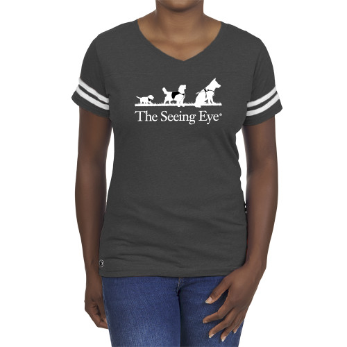  Fall Rush Ladies Dark Grey Heather 60/40 Football Tee - The Seeing Eye pup2harness logo