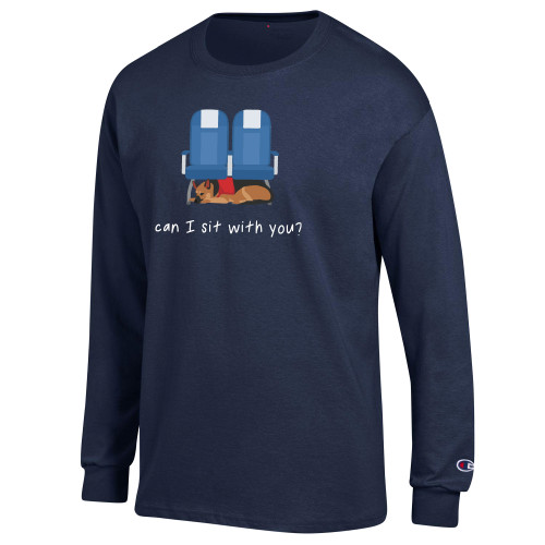  Champion Navy Long Sleeve T Shirt - Can I Sit With You Wordmark with Sleeping Dog
