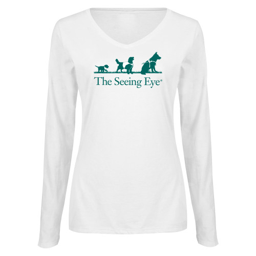 The Seeing Eye Womens White Long Sleeve V Neck Te