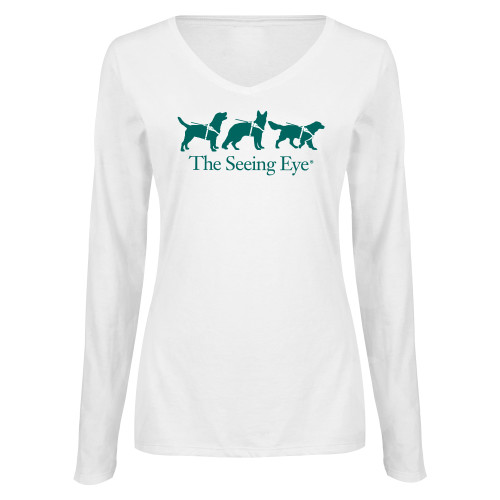 The Seeing Eye Womens White Long Sleeve V Neck Tee 