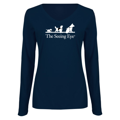 The Seeing Eye Womens Navy Long Sleeve V Neck Te