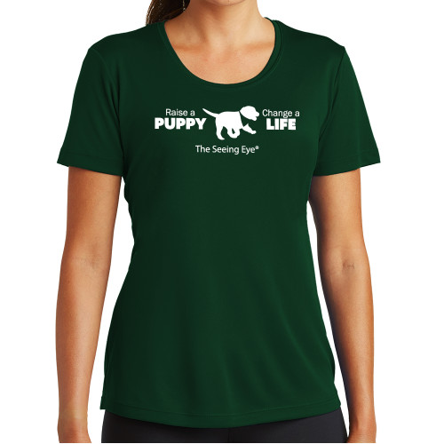  Womens Dark Green Performance Short Sleeve Tee - Raise a Puppy Change a Life
