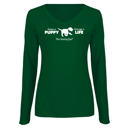  Womens Dark Green Long Sleeve V Neck Tee  - Raise a Puppy Change a Life