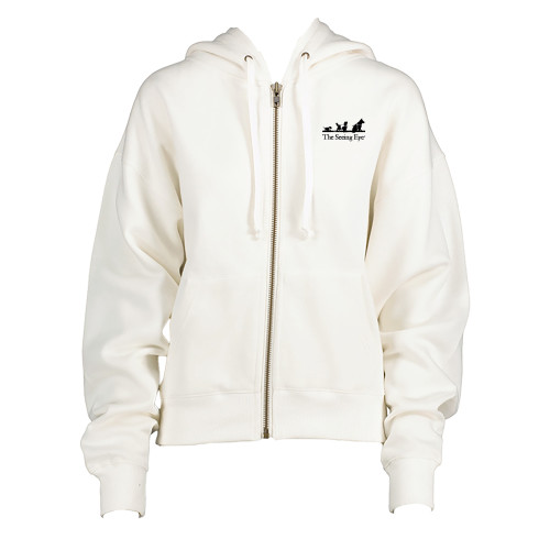  ENZA Womens White Boxy Full Zip Hood - The Seeing Eye pup2harness logo