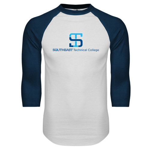 White/Navy Raglan Baseball T Shirt-One-Line Wordmark