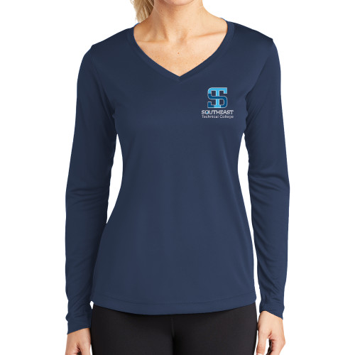 Womens Navy Performance Long Sleeve V Neck Shirt-Technical College