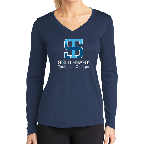 Womens Navy Performance Long Sleeve V Neck Shirt-Technical College