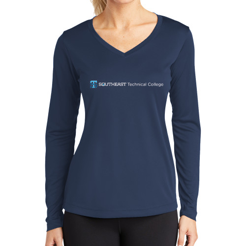 Womens Navy Performance Long Sleeve V Neck Shirt-Horizontal Version
