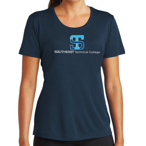 Womens Navy Performance Tee-One-Line Wordmark