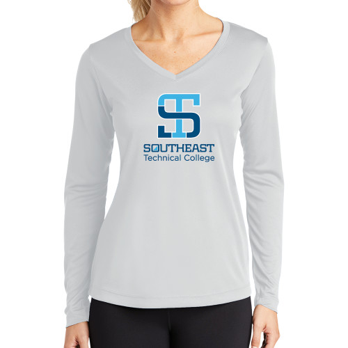 Womens White Performance Long Sleeve V Neck Shirt-Technical College