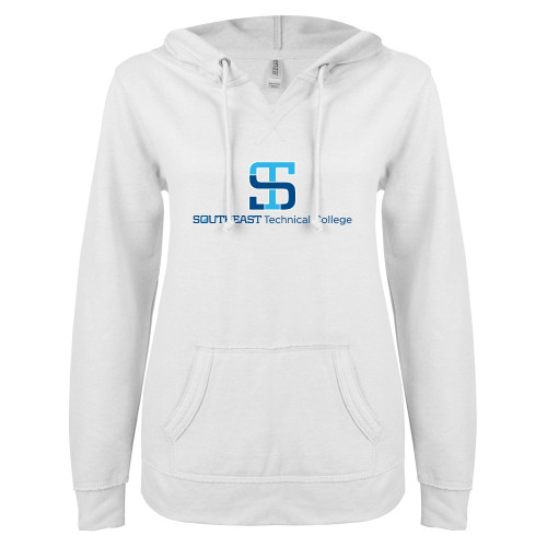 ENZA Womens White V Notch Raw Edge Fleece Hoodie-One-Line Wordmark