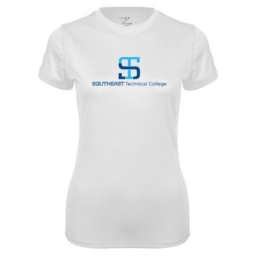 Womens White Performance Tee-One-Line Wordmark