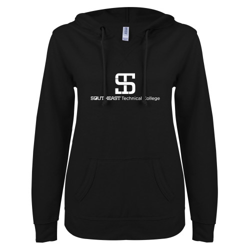 ENZA Womens Black V Notch Raw Edge Fleece Hoodie-One-Line Wordmark