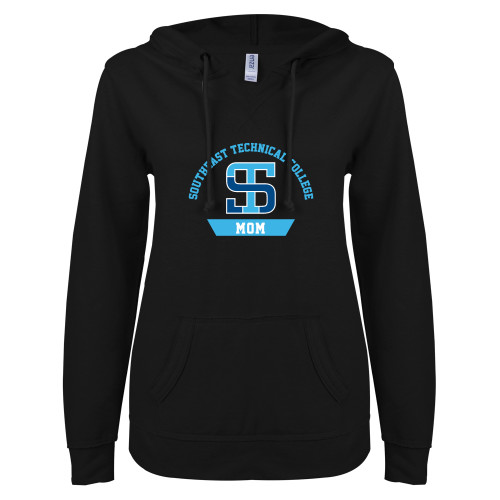 ENZA Womens Black V Notch Raw Edge Fleece Hoodie-Mom