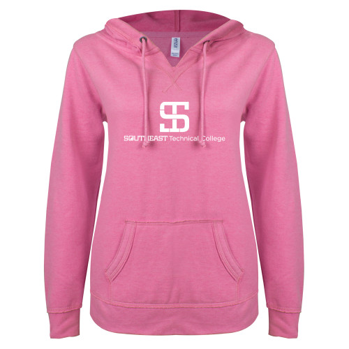 ENZA Womens Hot Pink V Notch Raw Edge Fleece Hoodie-One-Line Wordmark