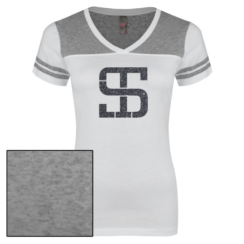 Womens White/Heather Grey Varsity V Neck Tee -F Graphite Soft Glitter