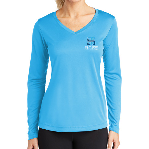 Womens Light Blue Performance Long Sleeve V Neck Shirt-Technical College