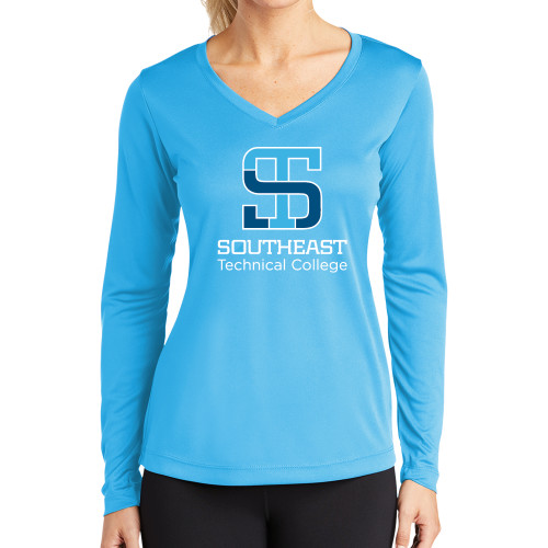 Womens Light Blue Performance Long Sleeve V Neck Shirt-Technical College