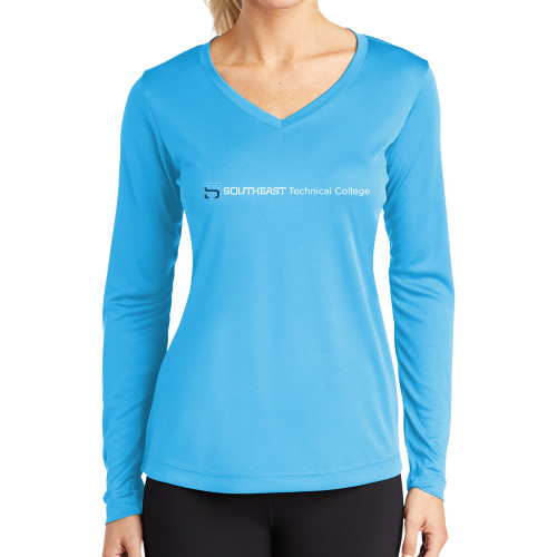 Womens Light Blue Performance Long Sleeve V Neck Shirt-Horizontal Version