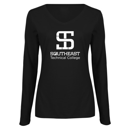 Womens Black Long Sleeve V Neck Tee -Technical College