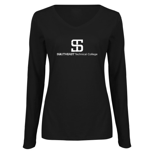 Womens Black Long Sleeve V Neck Tee -One-Line Wordmark