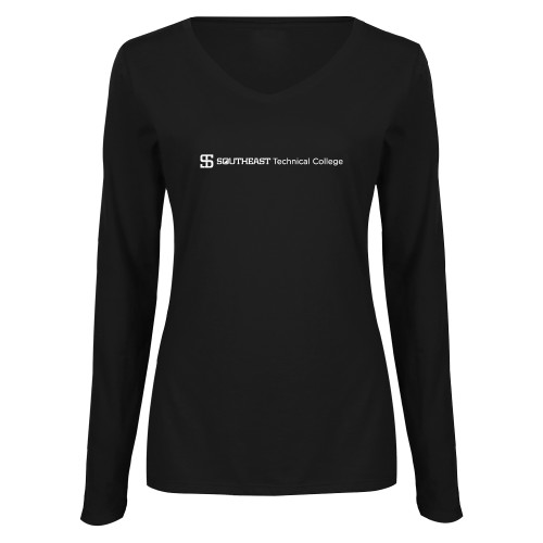 Womens Black Long Sleeve V Neck Tee -Horizontal Version