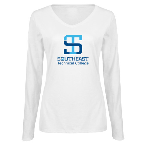 Womens White Long Sleeve V Neck Tee-Technical College