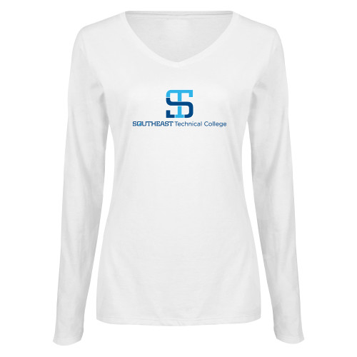 Womens White Long Sleeve V Neck Tee-One-Line Wordmark