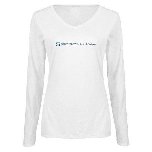 Womens White Long Sleeve V Neck Tee-Horizontal Version