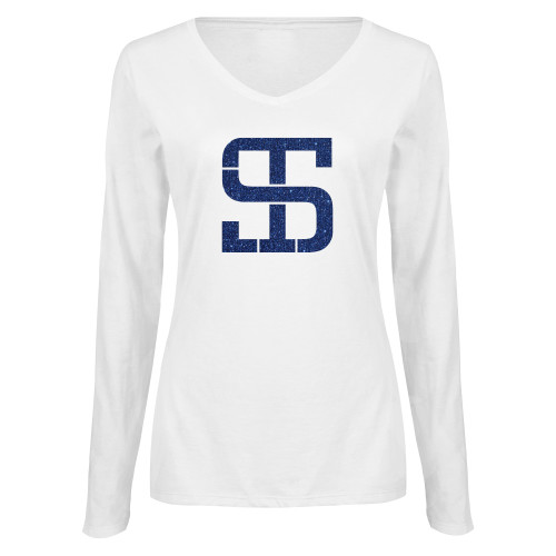 Womens White Long Sleeve V Neck Tee-H Dark Blue Glitter