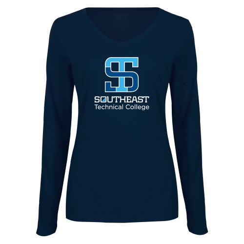 Womens Navy Long Sleeve V Neck Tee-Technical College