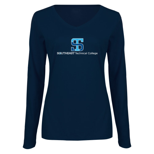 Womens Navy Long Sleeve V Neck Tee-One-Line Wordmark