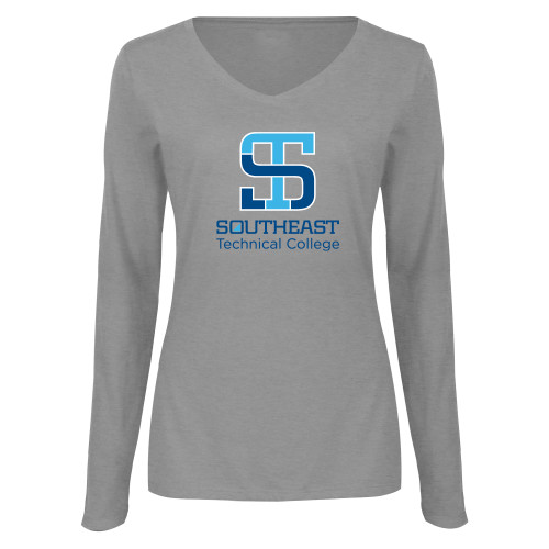 Womens Grey Long Sleeve V Neck Tee -Technical College