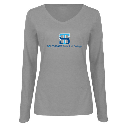 Womens Grey Long Sleeve V Neck Tee -One-Line Wordmark