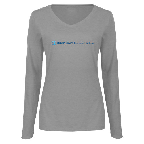 Womens Grey Long Sleeve V Neck Tee -Horizontal Version