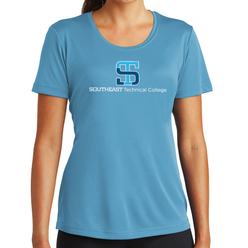 Womens Light Blue Performance Short Sleeve Tee-One-Line Wordmark