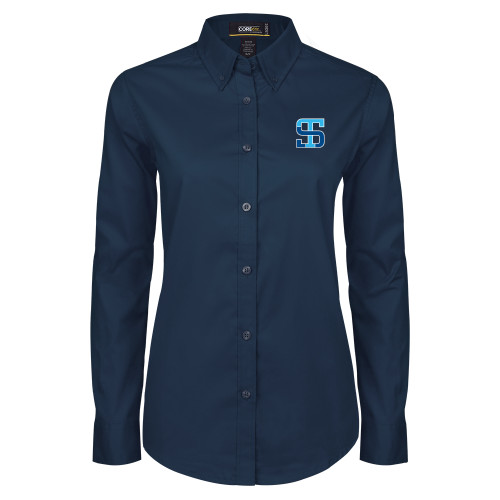 Womens Navy Twill Button Down Long Sleeve -Monogram
