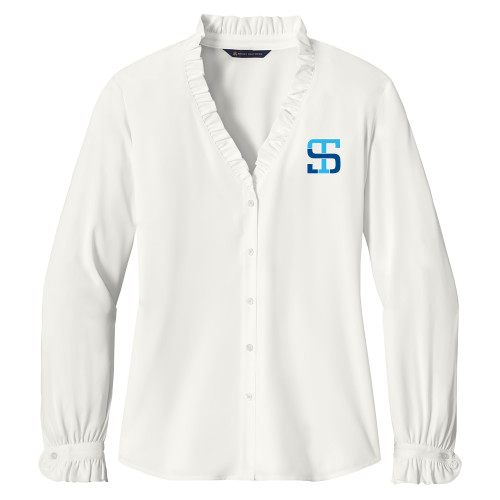 Brooks Brothers Womens Off White Long Sleeve Ruffle Collar Blouse-Monogram
