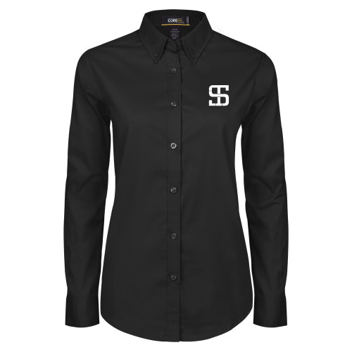 Womens Black Twill Button Down Long Sleeve -Monogram
