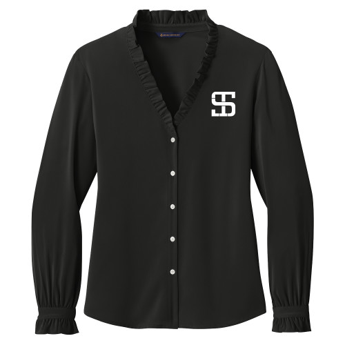 Brooks Brothers Womens Black Long Sleeve Ruffle Collar Blouse-Monogram