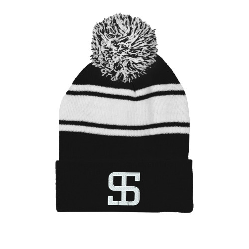Black/White Two Tone Knit Pom Beanie w/Cuff-Monogram